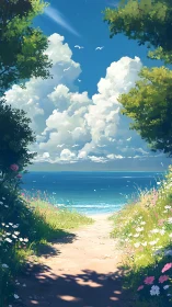 Summer path tiptoes from wildflower shade to bright sea