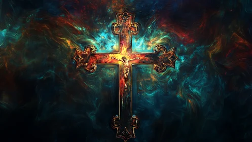 Radiant crucifix glows amid swirling cosmic nebula colors.