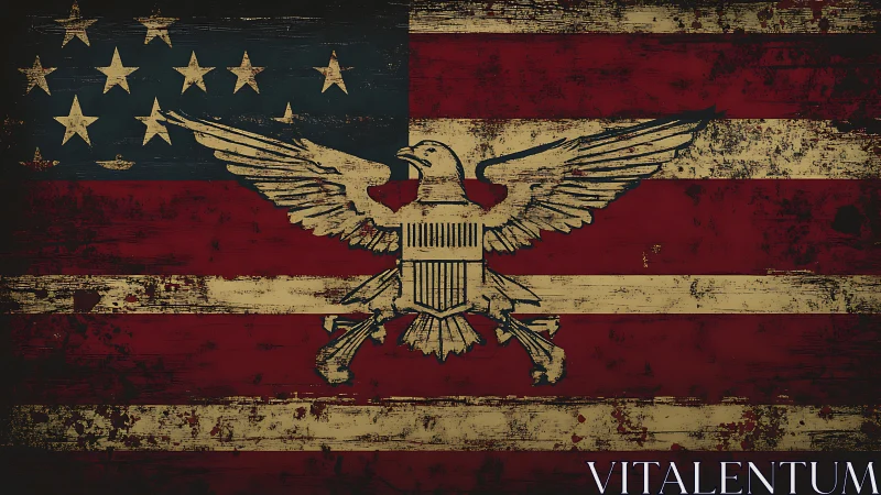 Weathered iron eagle streaks across a tattered flag sky