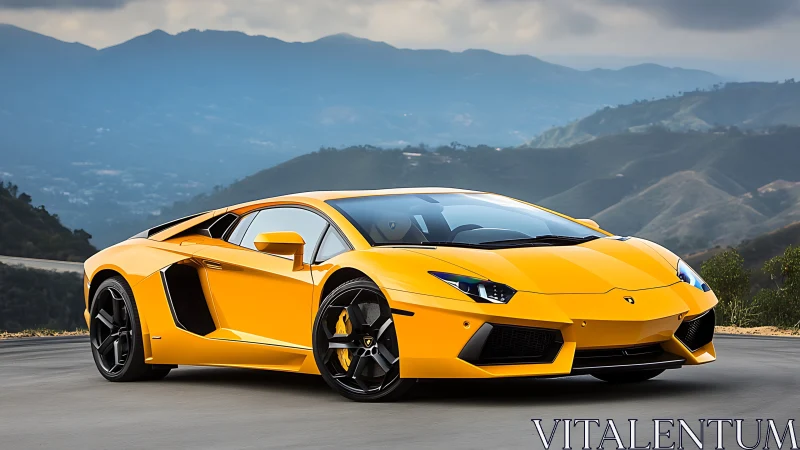 Sunlit yellow supercar prowls a winding mountain horizon road.