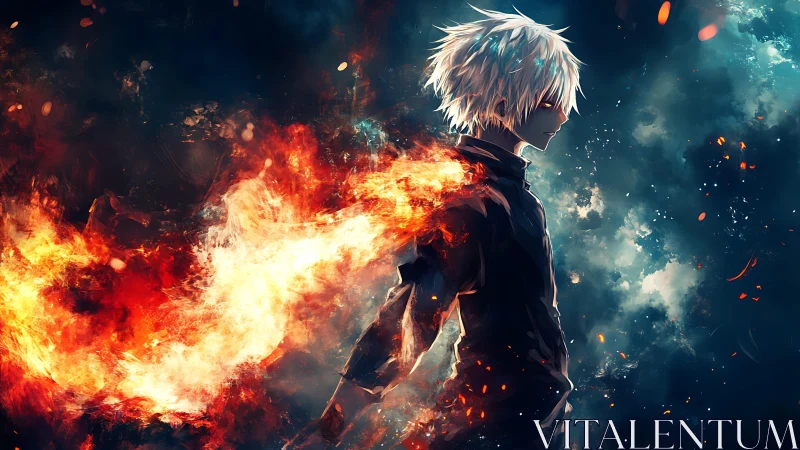 Firelit anime hero walking through a storm of embers.