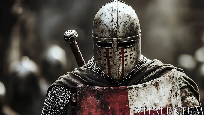 Armored medieval knight with sword and weathered shield.