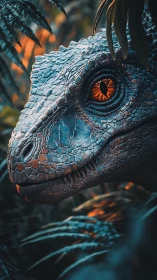 Velociraptor gaze melts jungle dusk with ember bright focus