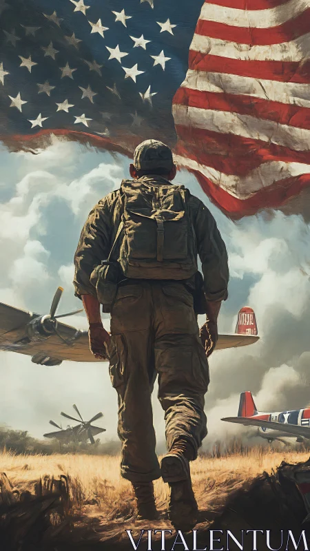 Military aviator strides toward propeller fleet beneath flag.