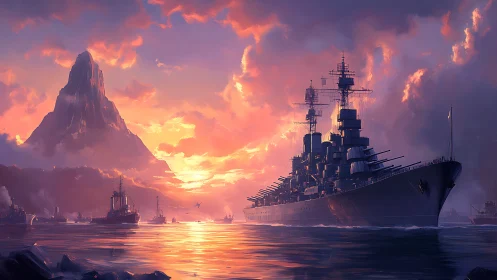 Sunset harbor with towering battleship and quiet mountain bay.