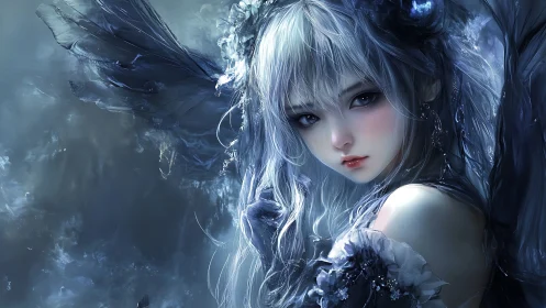 Moonlit silver-haired fairy gazes through ethereal blue mist.