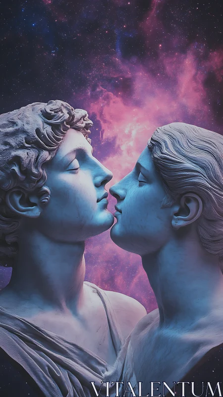 Celestial marble lovers meet softly beneath a glowing nebula