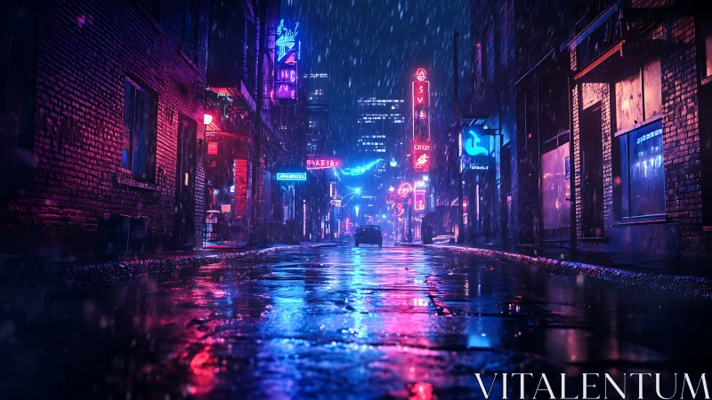 Neon city street reflects colorful lights on wet pavement at night