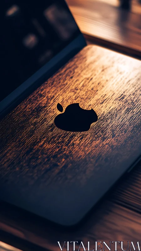 Wood-textured laptop with Apple logo on wooden desk.