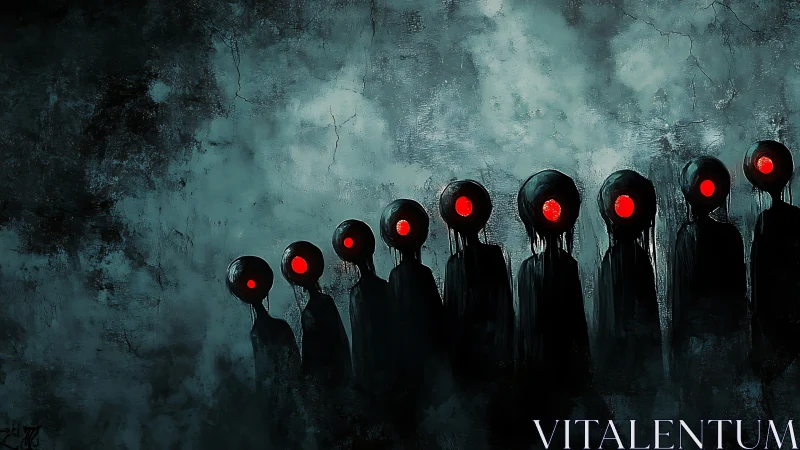 Hooded silhouettes with red void eyes aligned in misty gloom