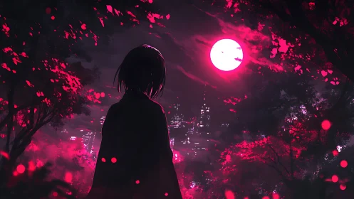 Anime nightscape with silhouetted figure and neon moonlit forest.