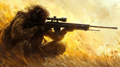 Sniper's Golden Hour: Tactical Sharpshooter in Dusty Combat
