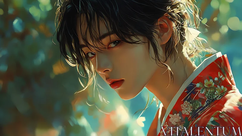 Sunlit kimono gaze in soft bokeh garden hush.