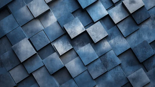 Layered blue square panels forming staggered geometric grid.