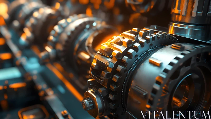 Close-up of Metallic Gears in Industrial Machine, Cinematic Lighting.