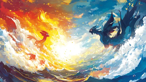 Fiery and ocean guardians meet in a swirling sky of color.
