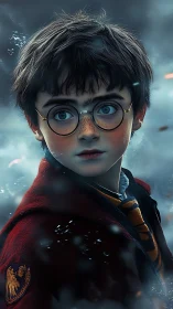 Young bespectacled wizard gazes into swirling winter magic.