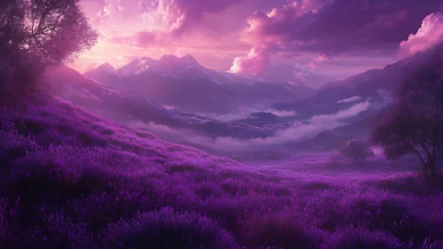 Lavender valley landscape under magenta twilight sky.