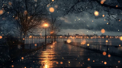 Rain-lit riverside promenade rendered in atmospheric digital light