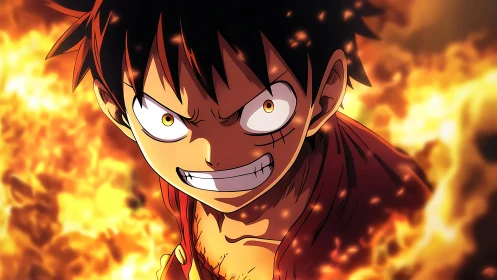 Fiery anime hero grinning through the heat of battle.