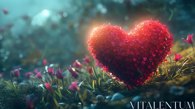 Glowing heart-shaped form in flowering field.