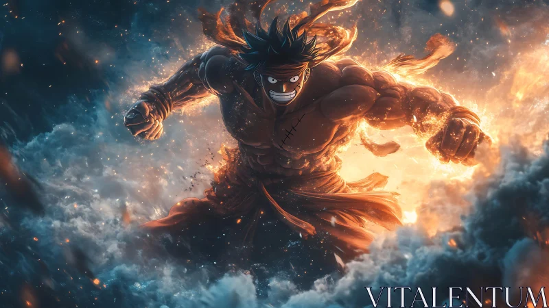 Fiery anime warrior erupts from storm clouds in blazing power