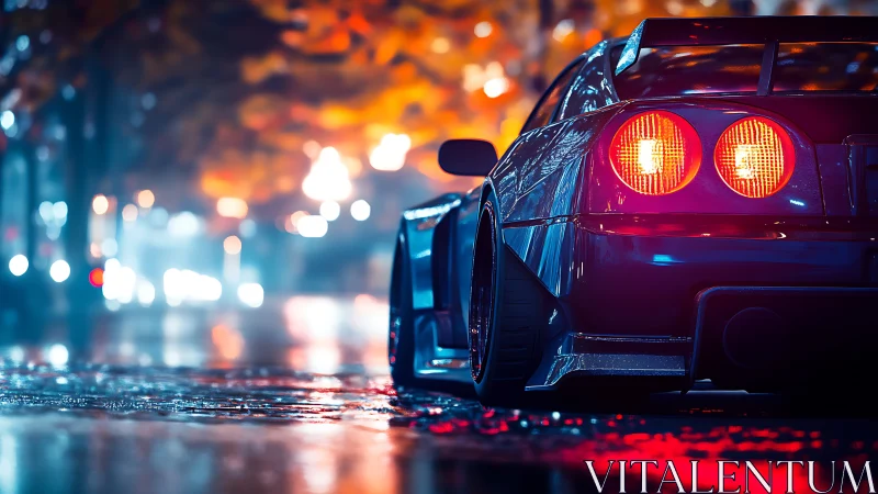 Neon-lit sports car idles on a rainy city street at night.