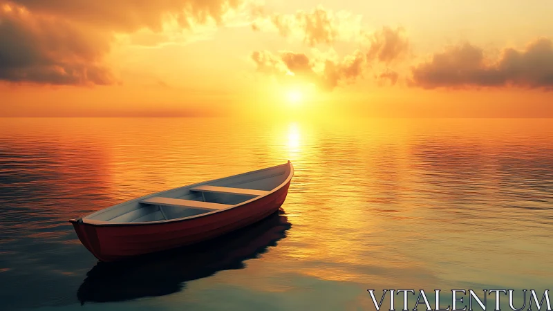 Solitary wooden rowboat rests on reflective ocean at sunset