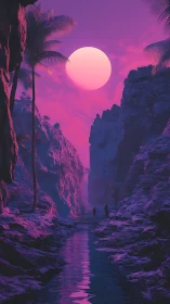 Neon canyon moonrise turns hikers into tiny wandering comets