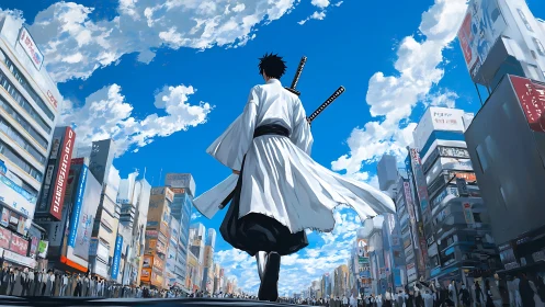 Samurai strides through neon canyons beneath reckless skies