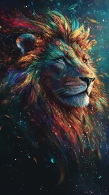 Starlit lion gazes calmly through swirling cosmic color