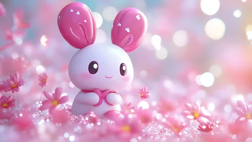 Pink rabbit toy sits among flowers in soft bokeh light