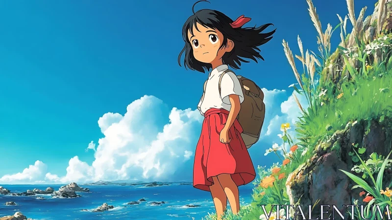 Young girl stands on coastal path overlooking bright seascape