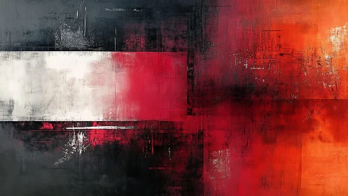 Bold Abstract Painting in Red, Black, and White with Textured Layers.