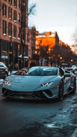 Blue sports coupe on wet city street at winter sunset.