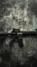 Tactical Rifle Rests Against Weathered Industrial Wall