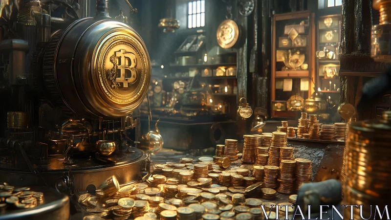 Steampunk bitcoin minting room with stacked gold coins.