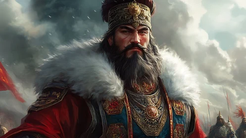 Regally armored bearded commander stands before cloudy sky