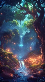 Enchanted forest waterfall glowing with soft, magical light.