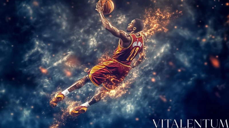 Explosive basketball dunk in fiery nebula-style motion trail