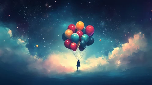 Child holding colorful balloons under a vast starry sky.