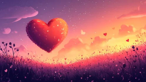Luminescent Heart Form Suspended Over Wildflower Field With Gradient Atmospheric Rendering