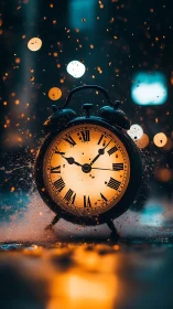 Rainlit vintage clock catching sparks of wandering time.