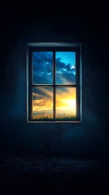 Dark interior window framing vivid sunset sky view.