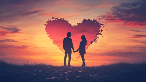 Silhouetted couple holding hands against heart-shaped sunset cloud formation