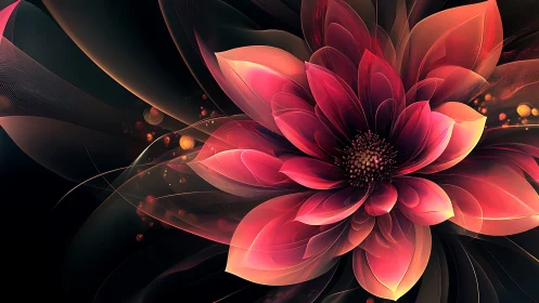 Digital red flower fractal on dark abstract background.