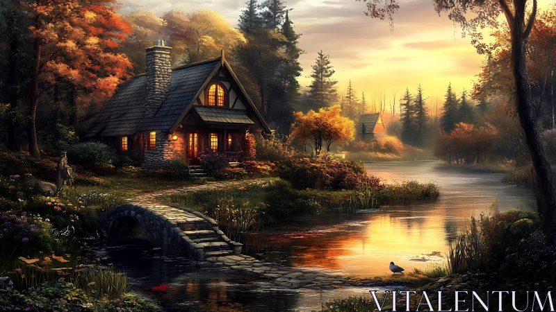 Stone cottage glows beside reflective river at autumn sunset