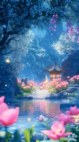 Enchanted lotus garden surrounds a glowing lakeside pavilion.