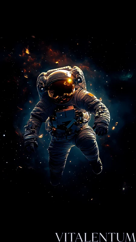 Digital painting of lone astronaut in luminous deep space field.