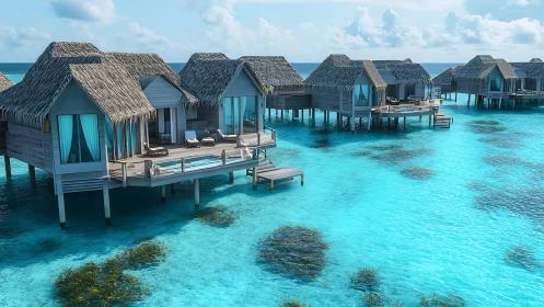 Sunlit overwater bungalows drifting above crystal lagoon.